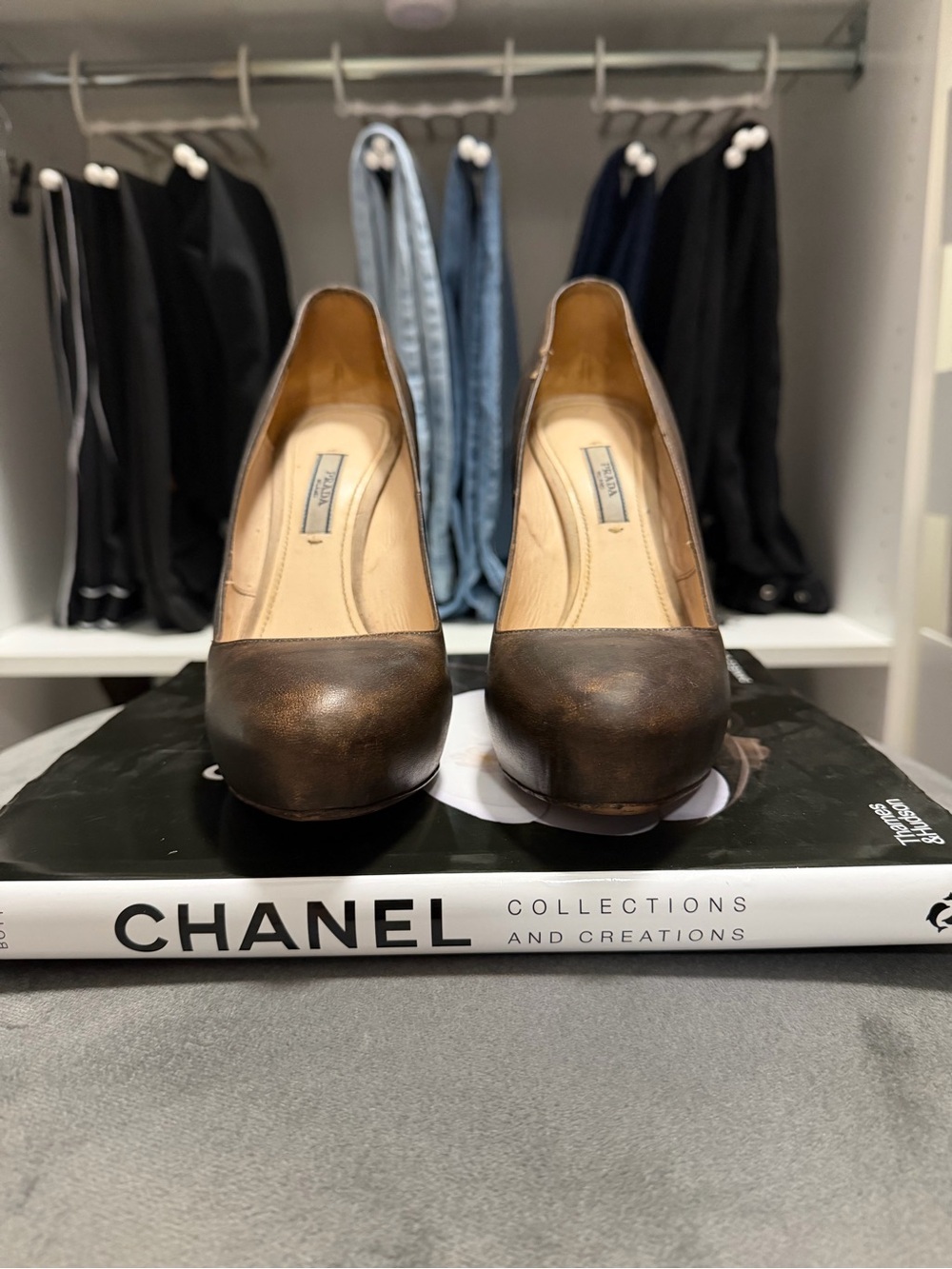 Authentic Prada Brown Leather Round-Toe Platform Pumps